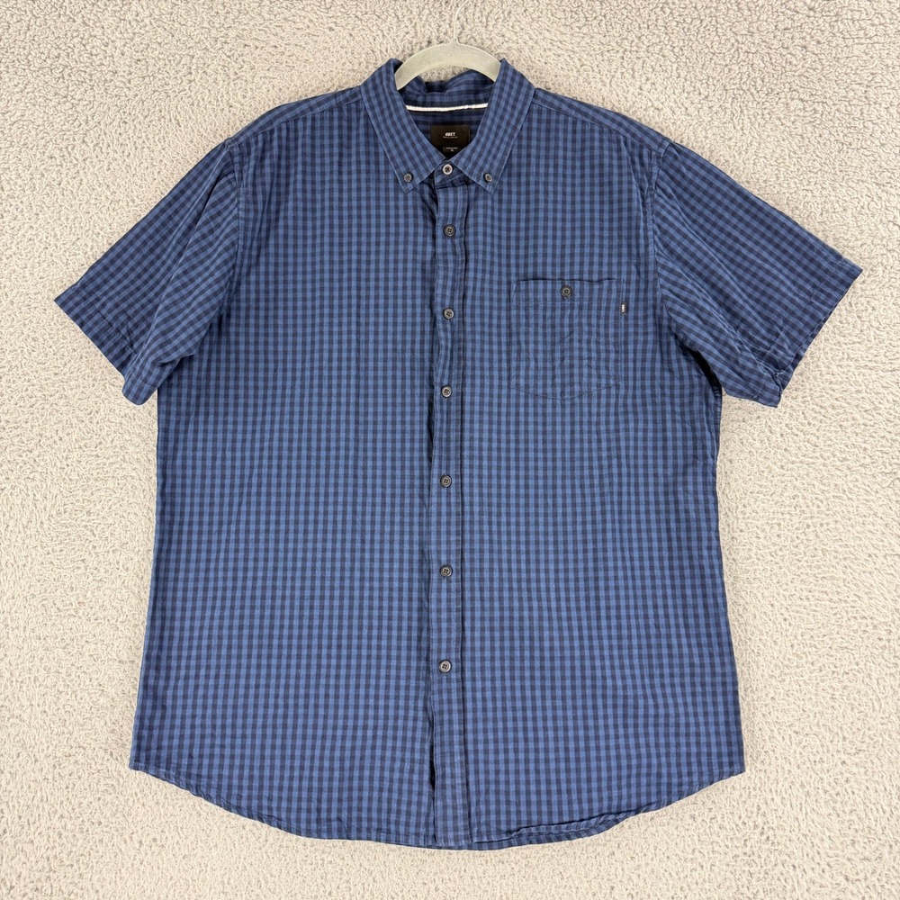 Obey Button Down Shirt Mens XL Blue Gingham Plaid Short Sleeve 100% Cotton Check